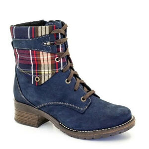 Dromedaris Women Side Zip Leather Combat Boots Kara Tartan Navy Sz 40 US 9.5-10